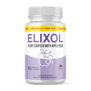Dose mit Schrift ELIXOL Plant Complex with Apple Cider und 90 Kapseln auf lila-weißem Etikett